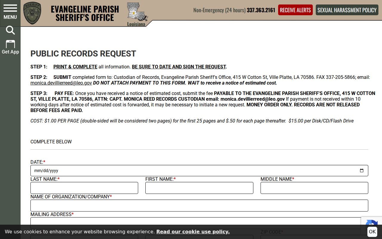 Evangeline Parish public records request form used to ask for aggregate warrant records data