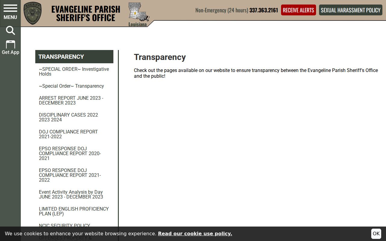 Evangeline Parish sheriff transparency page linking warrant charts and warrant records policies