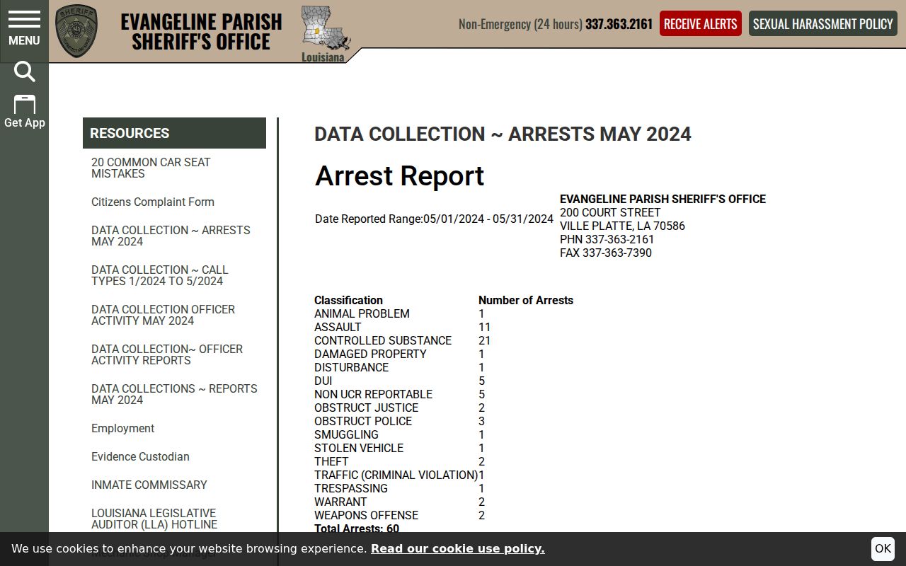 Evangeline Parish aggregate arrest data page showing warrant category counts