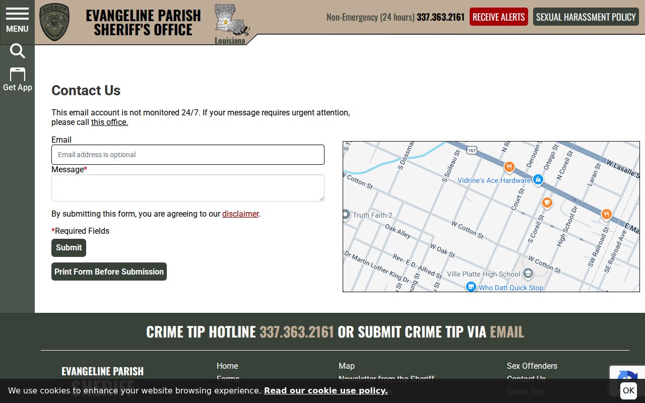 Evangeline Parish sheriff public contact form used for bench warrant records questions