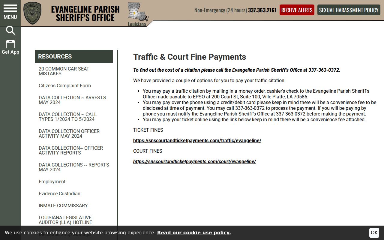 Evangeline Parish sheriff mail phone and online payment routes for municipal warrant records