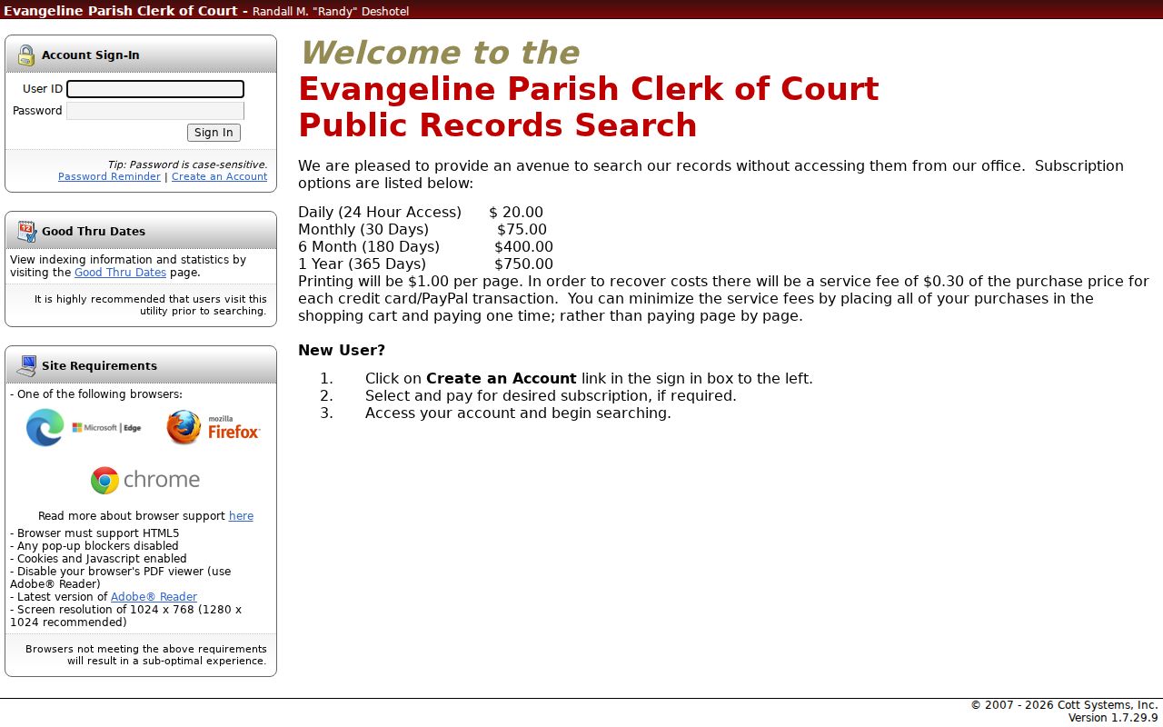 Evangeline Parish clerk docket portal login screen for warrant record access