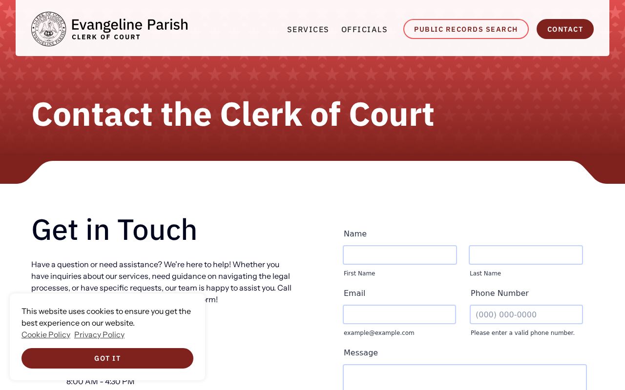Evangeline Parish Clerk of Court contact page with the address, phone, hours, and warrant record access route