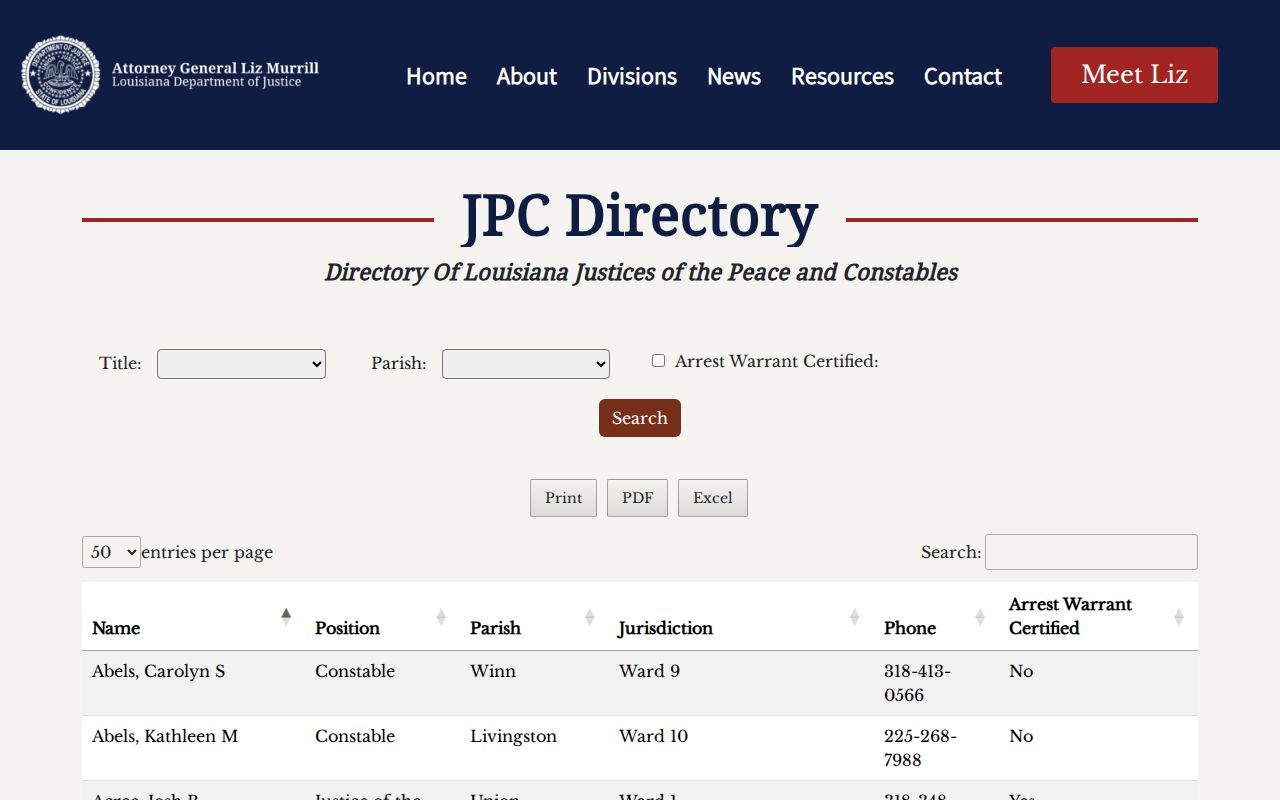 Louisiana justice-of-the-peace directory filters used to find Evangeline Parish warrant offices