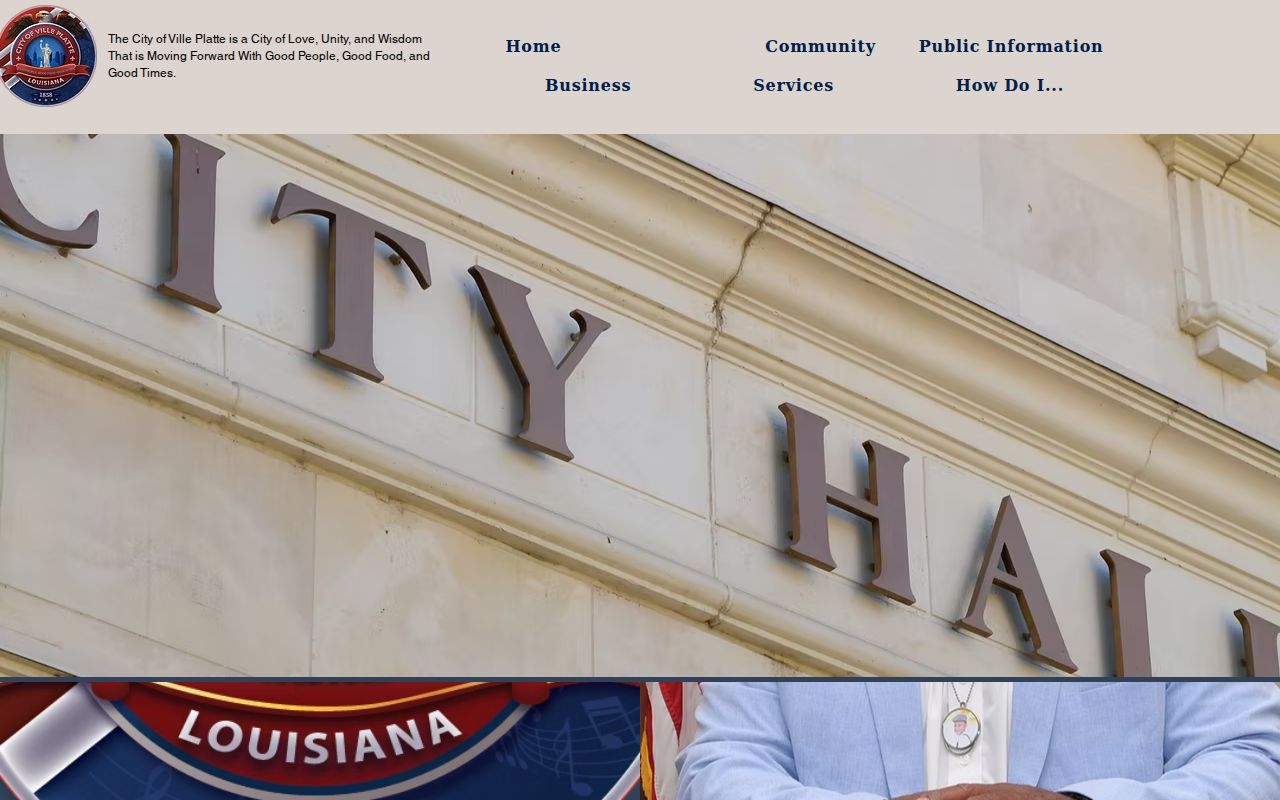Ville Platte city government page listing city hall, police, marshal, judge, and clerk contacts for warrant records