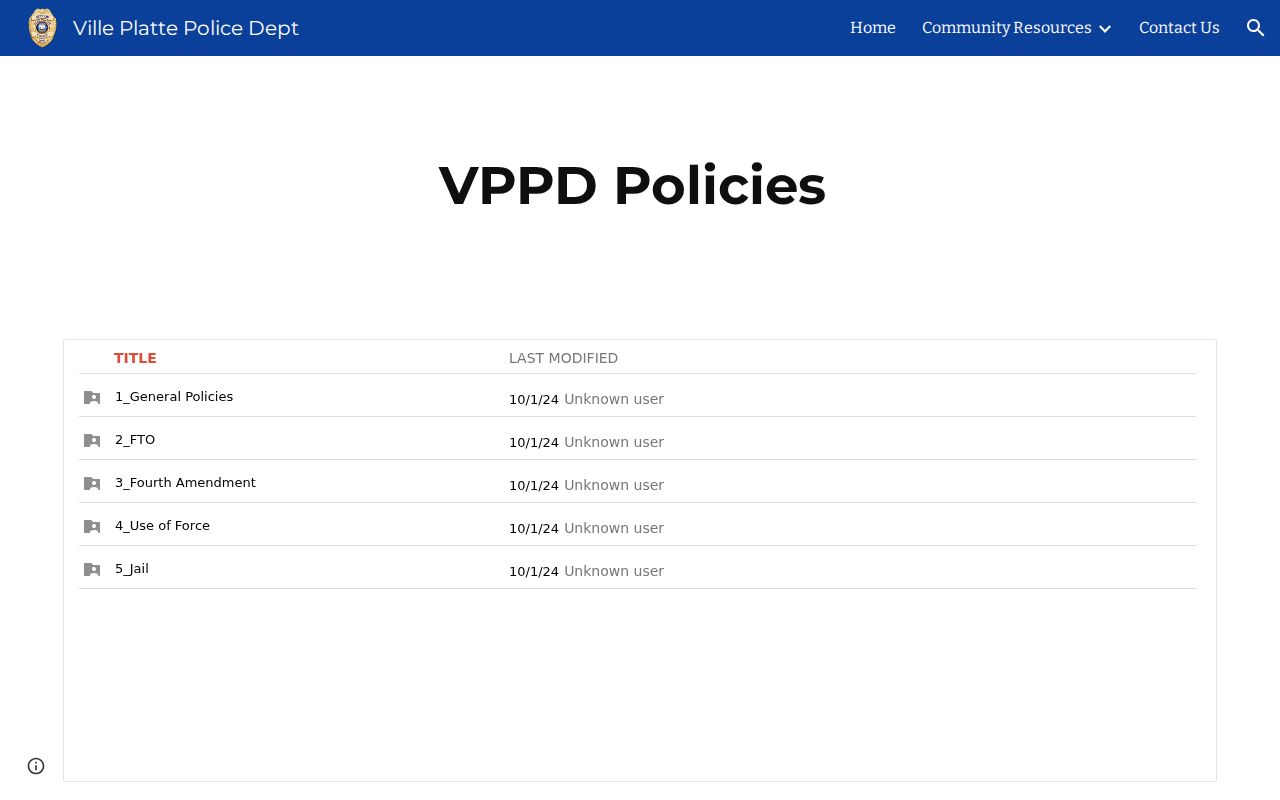 Ville Platte Police Department page showing the department address and policy links, with no warrant search