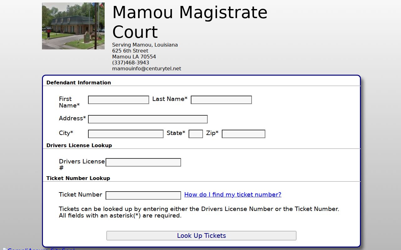 Blank Mamou ticket lookup form asking for driver license and ticket number fields, not a warrant search