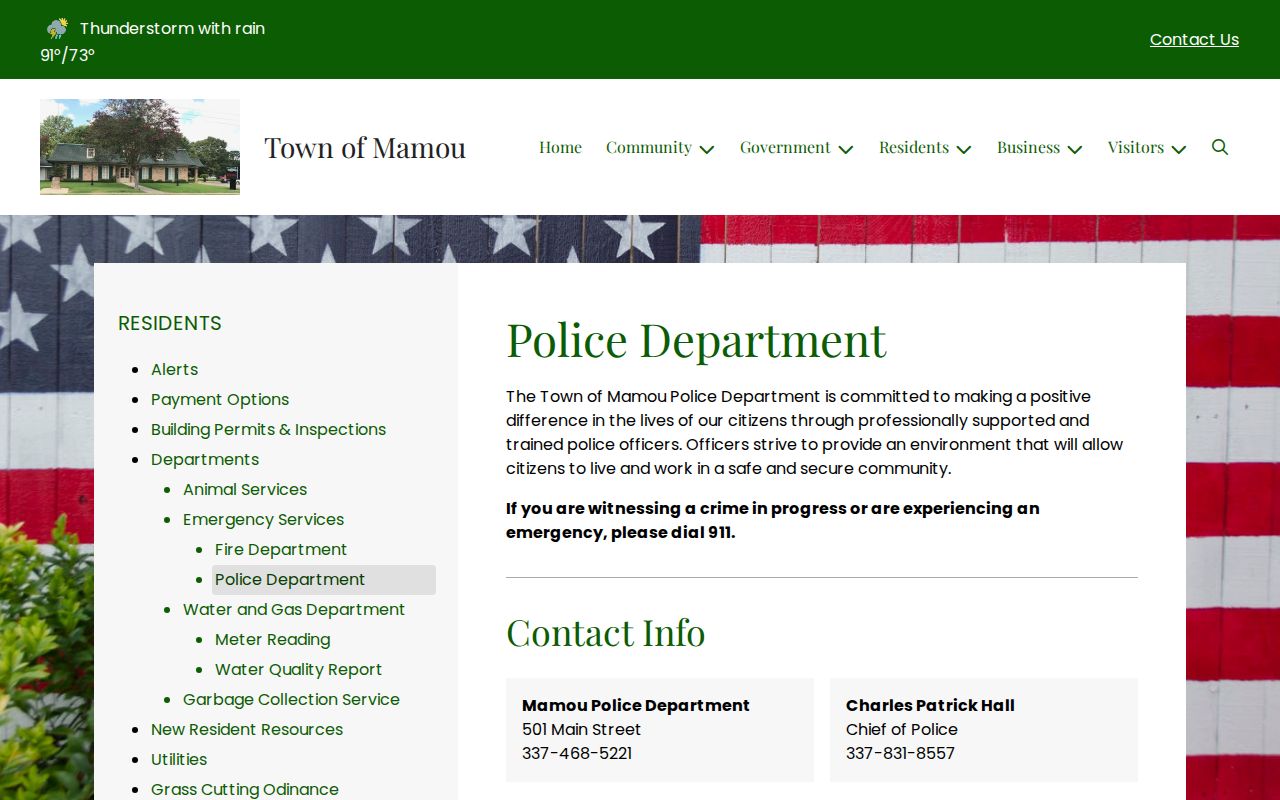 Town of Mamou police department page showing the department address and chief contact for municipal warrant questions