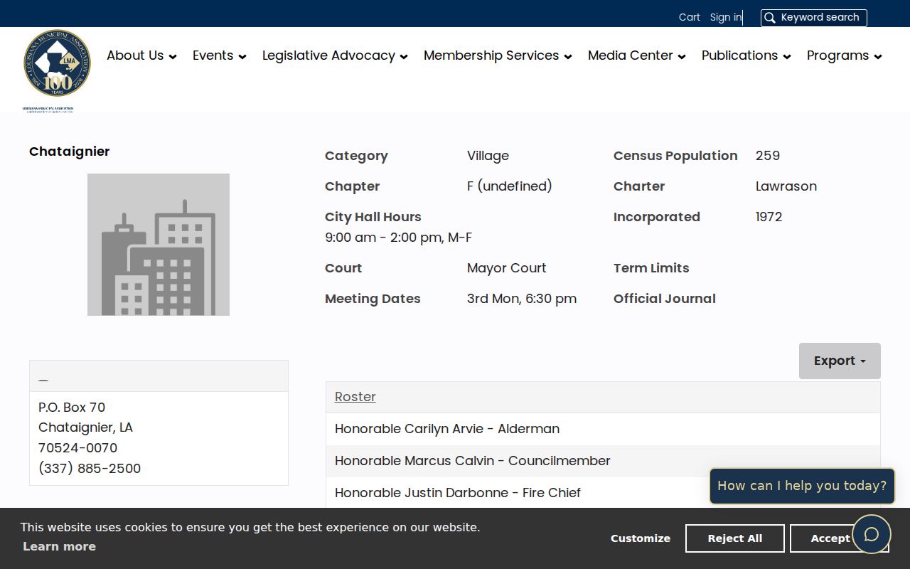 Basile municipal association contact profile listing town hall address, phone, hours, and mayor's court label for warrant records