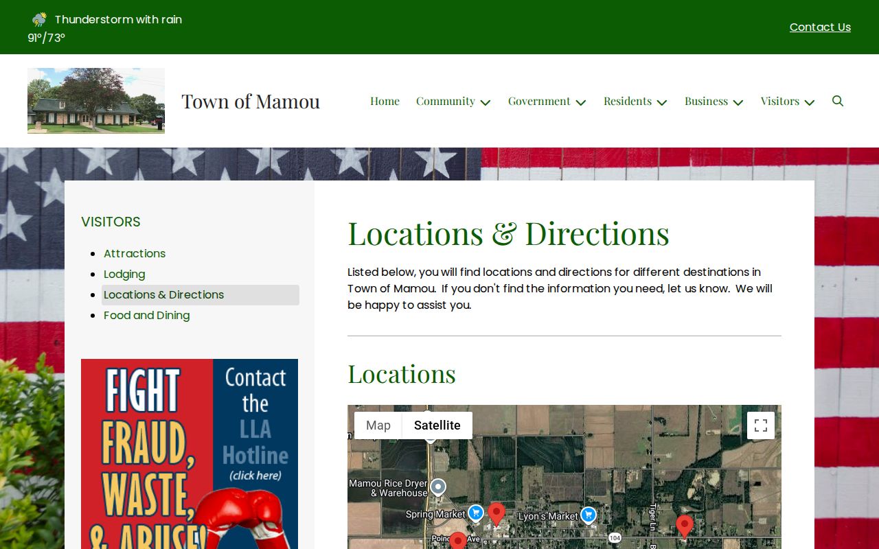 Town of Mamou page listing town hall and police addresses used for municipal warrant records questions