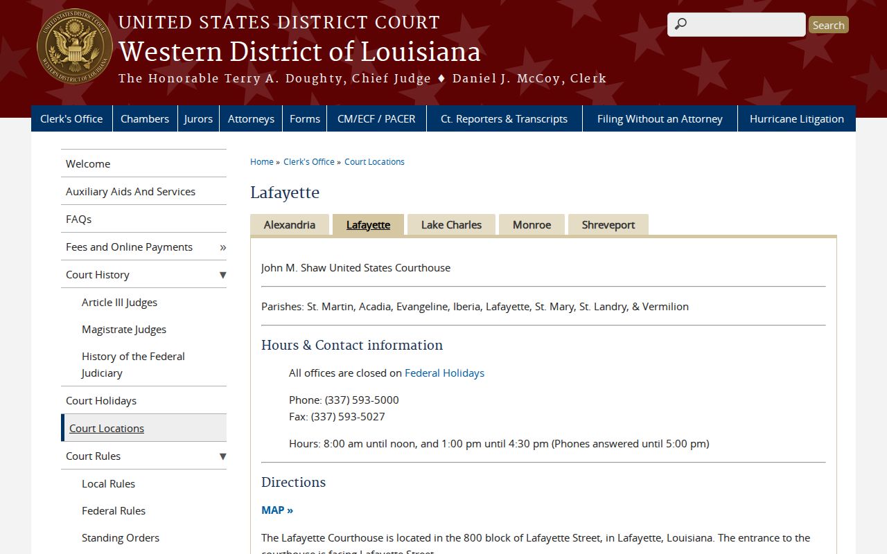 Western District of Louisiana Lafayette division contact page for federal warrant records