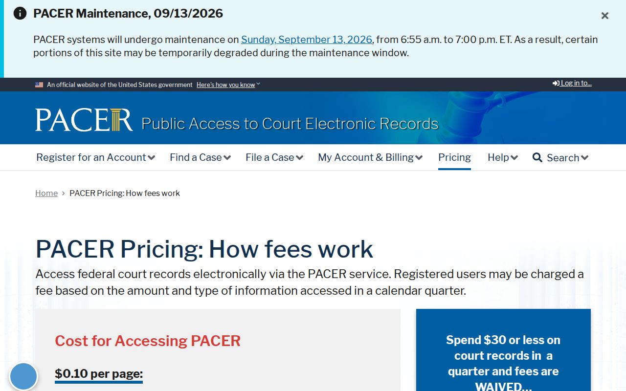 Federal PACER fee page covering access to federal warrant case records