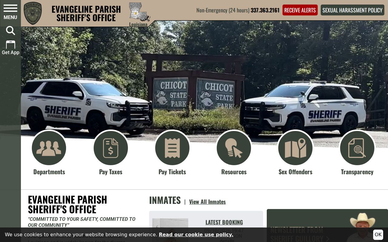 Evangeline Parish Sheriff's Office home page used to route warrant records questions