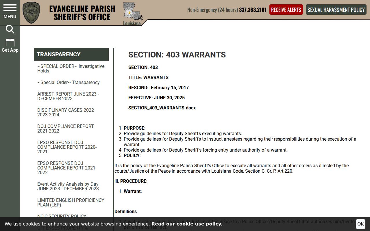 Evangeline Parish Sheriff Section 403 warrant policy page describing warrant receipt, service, and return for parish warrant records